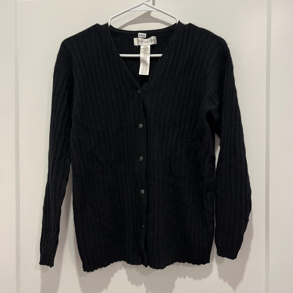 Jones New York Black Lambswool Angora Ribbed V-Neck Cardigan Sweater Womens M